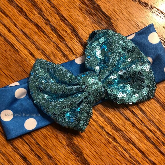 Blue Glitter Big Bow on Blue & White Polka Dot Headband - Picture 1 of 2